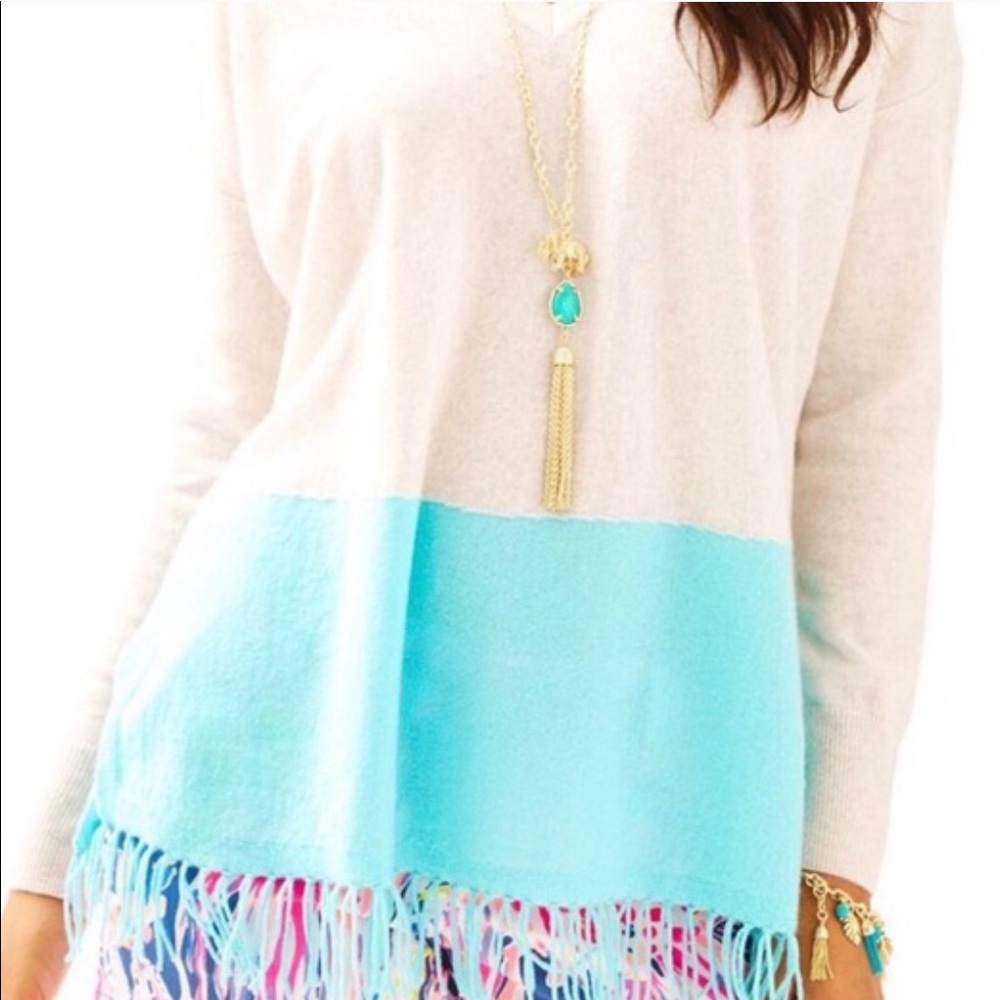 NWT Lilly Pulitzer Cashmere Alessandra Fringed Sweater serene blue oatmeal L/XL